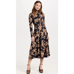 Tanya Taylor Floral Thea Dress Navy Orange Jersey Midi Turtle Neck Large.